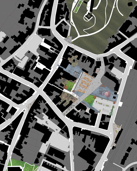 Proposed site plan highlighting a series of new spaces along a revitalised route