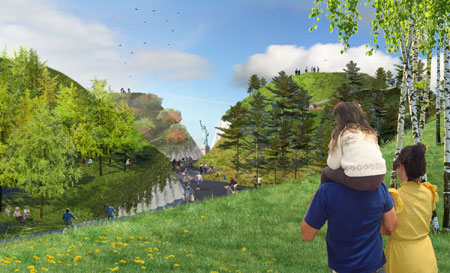 The Hills draw visitors down a pathway into a canyon-like landscape toward the Harbor
